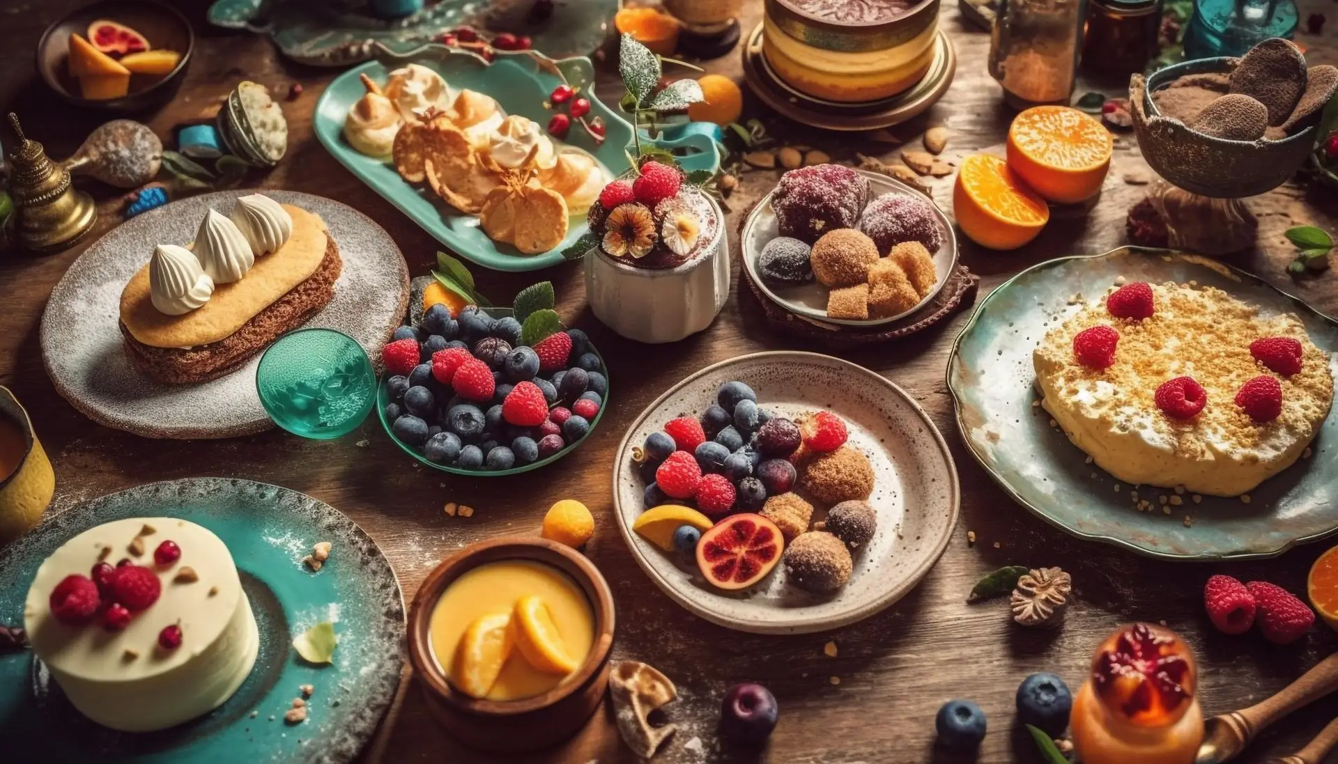 Houten tafel vol desserts, gebak en vers fruit