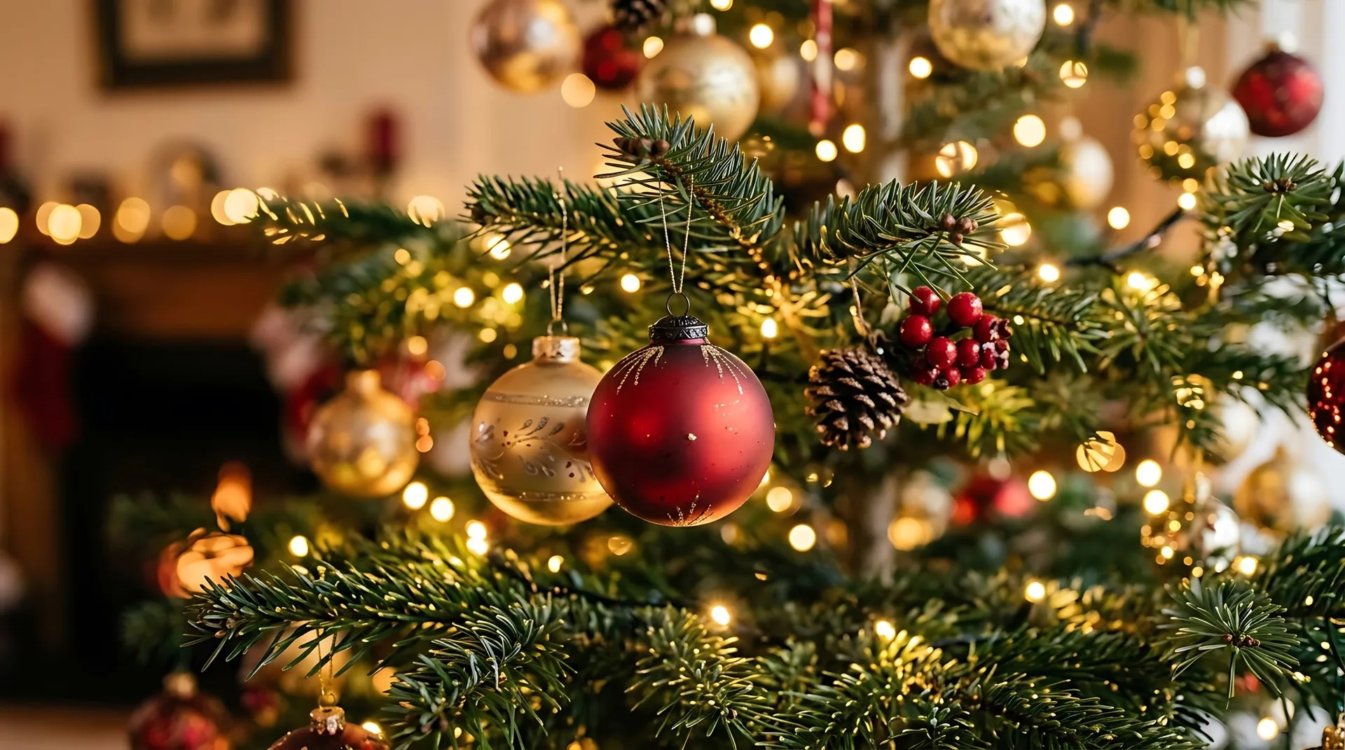Rode en gouden kerstballen, een dennenappel en rode bessen in een verlichte kerstboom